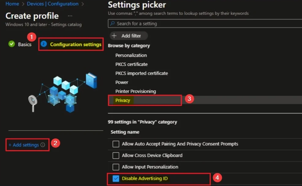 Settings picker: Privacy category, Disable Advertising Id